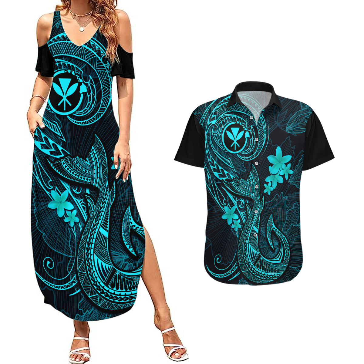Hawaii Couples Matching Summer Maxi Dress and Hawaiian Shirt Fish Hook Tattoo Mix Polynesian Plumeria Turquoise Version - Wonder Print Shop