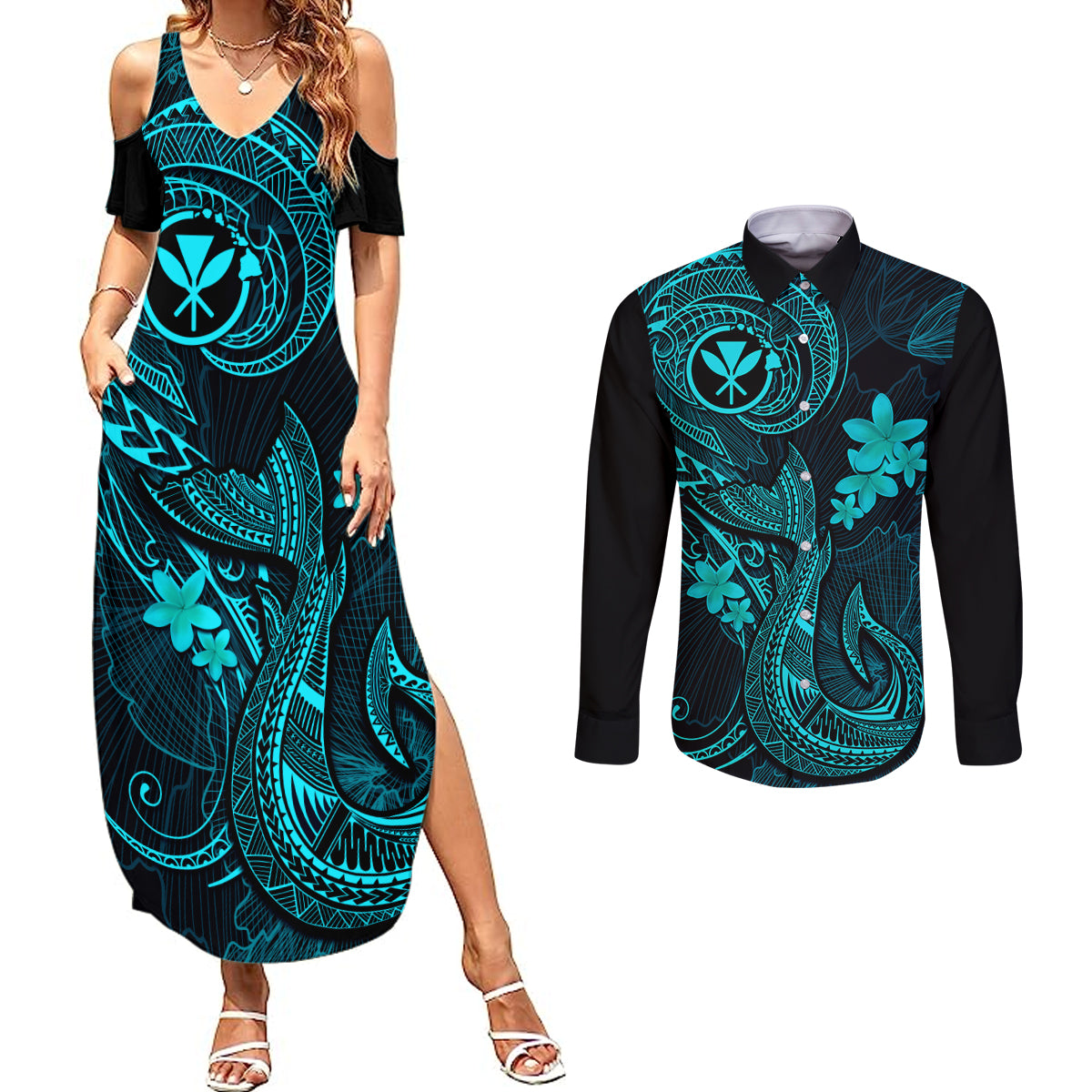 Hawaii Couples Matching Summer Maxi Dress and Long Sleeve Button Shirts Fish Hook Tattoo Mix Polynesian Plumeria Turquoise Version - Wonder Print Shop