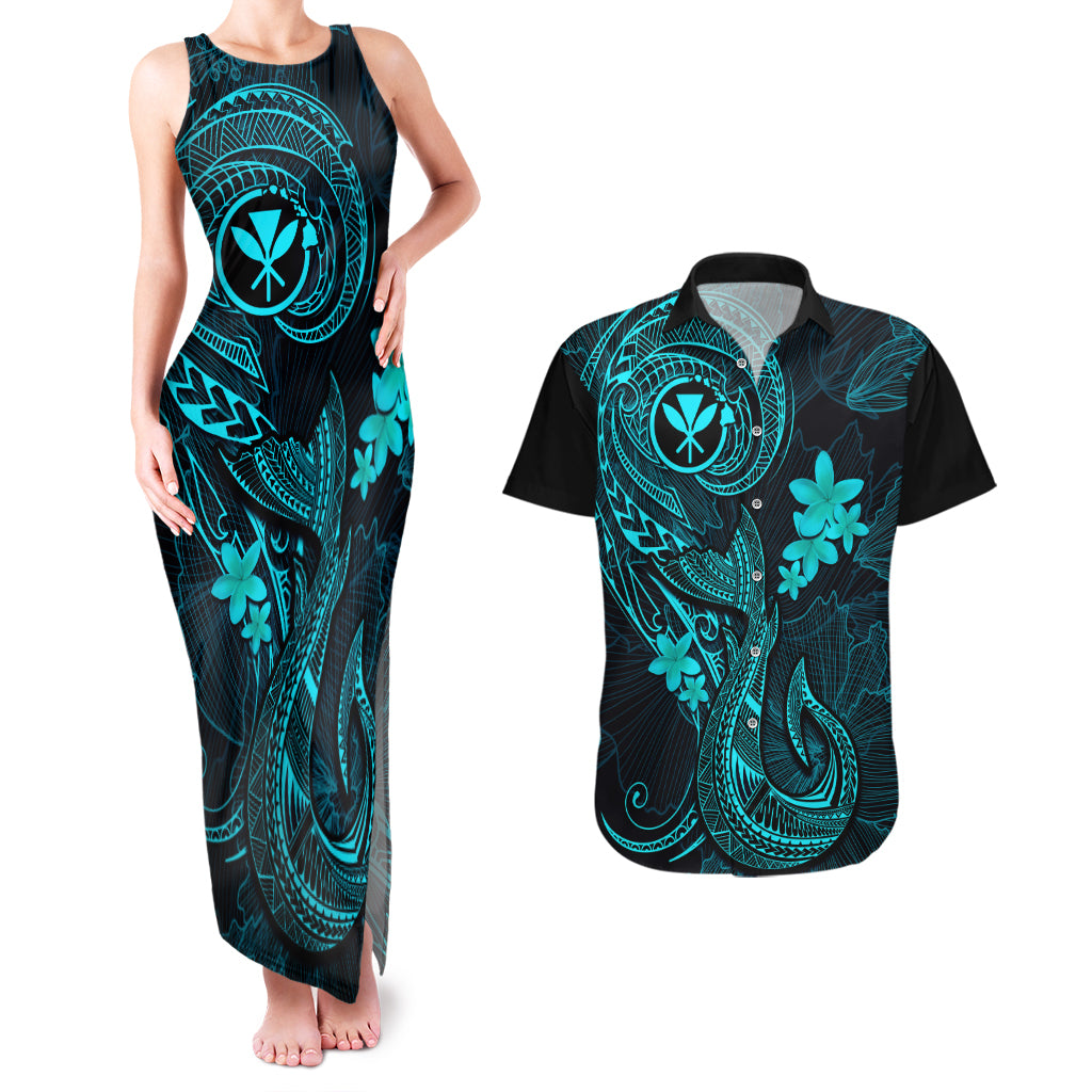 Hawaii Couples Matching Tank Maxi Dress and Hawaiian Shirt Fish Hook Tattoo Mix Polynesian Plumeria Turquoise Version - Wonder Print Shop