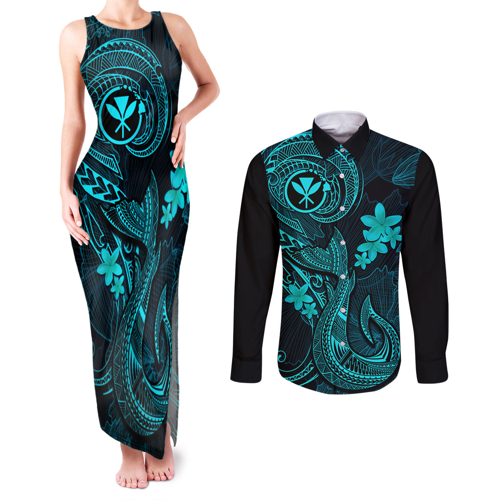 Hawaii Couples Matching Tank Maxi Dress and Long Sleeve Button Shirts Fish Hook Tattoo Mix Polynesian Plumeria Turquoise Version - Wonder Print Shop