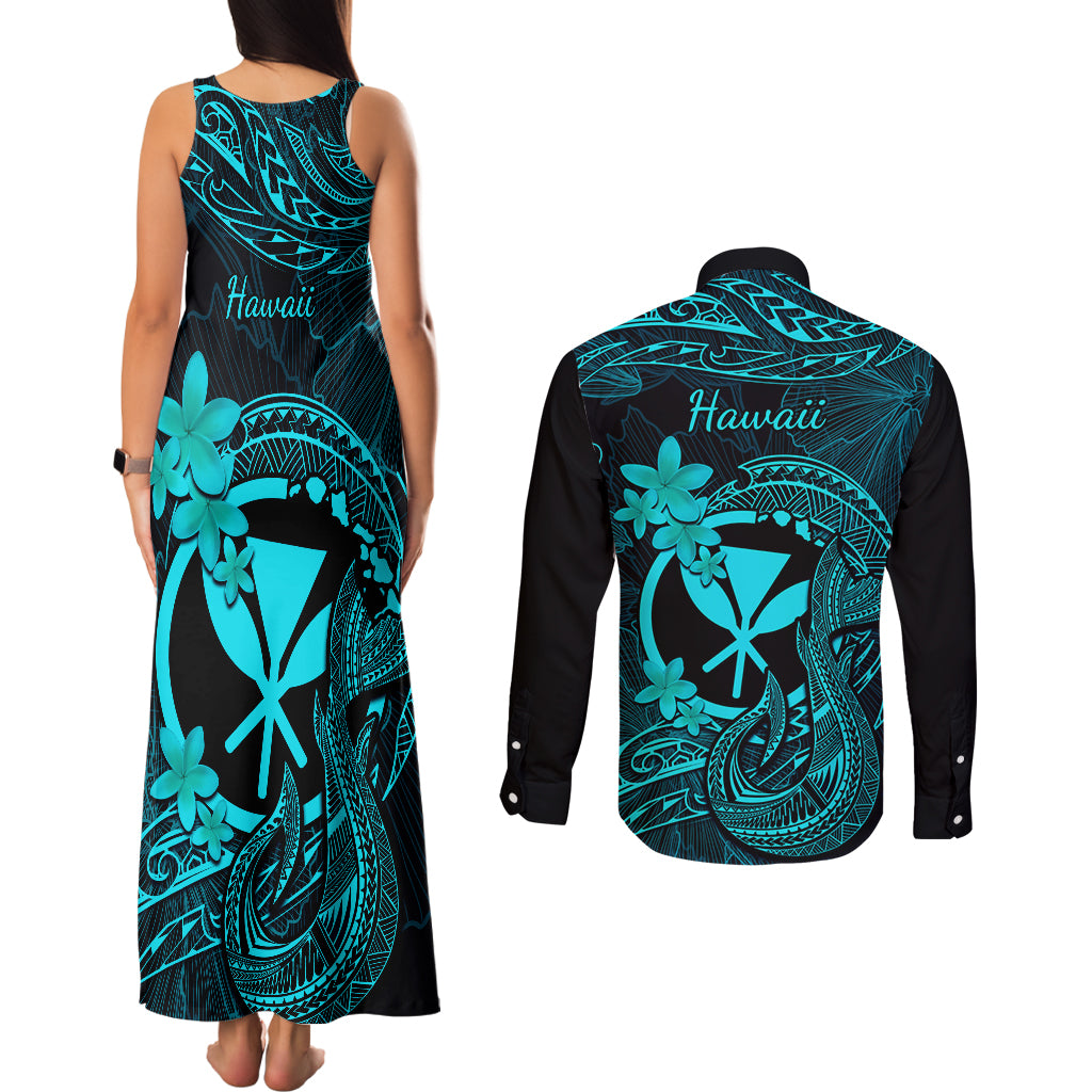 Hawaii Couples Matching Tank Maxi Dress and Long Sleeve Button Shirts Fish Hook Tattoo Mix Polynesian Plumeria Turquoise Version - Wonder Print Shop