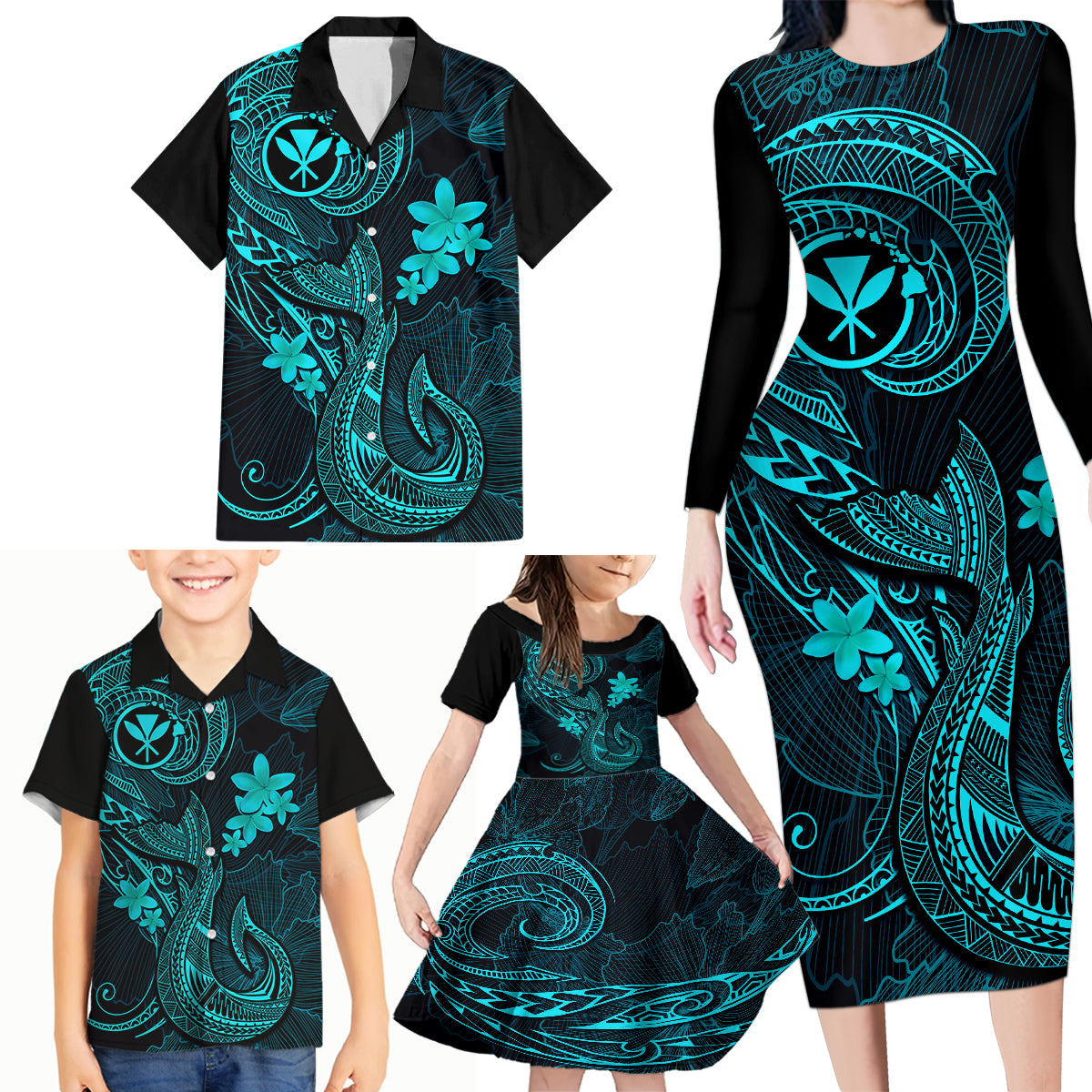 Hawaii Family Matching Long Sleeve Bodycon Dress and Hawaiian Shirt Fish Hook Tattoo Mix Polynesian Plumeria Turquoise Version - Wonder Print Shop