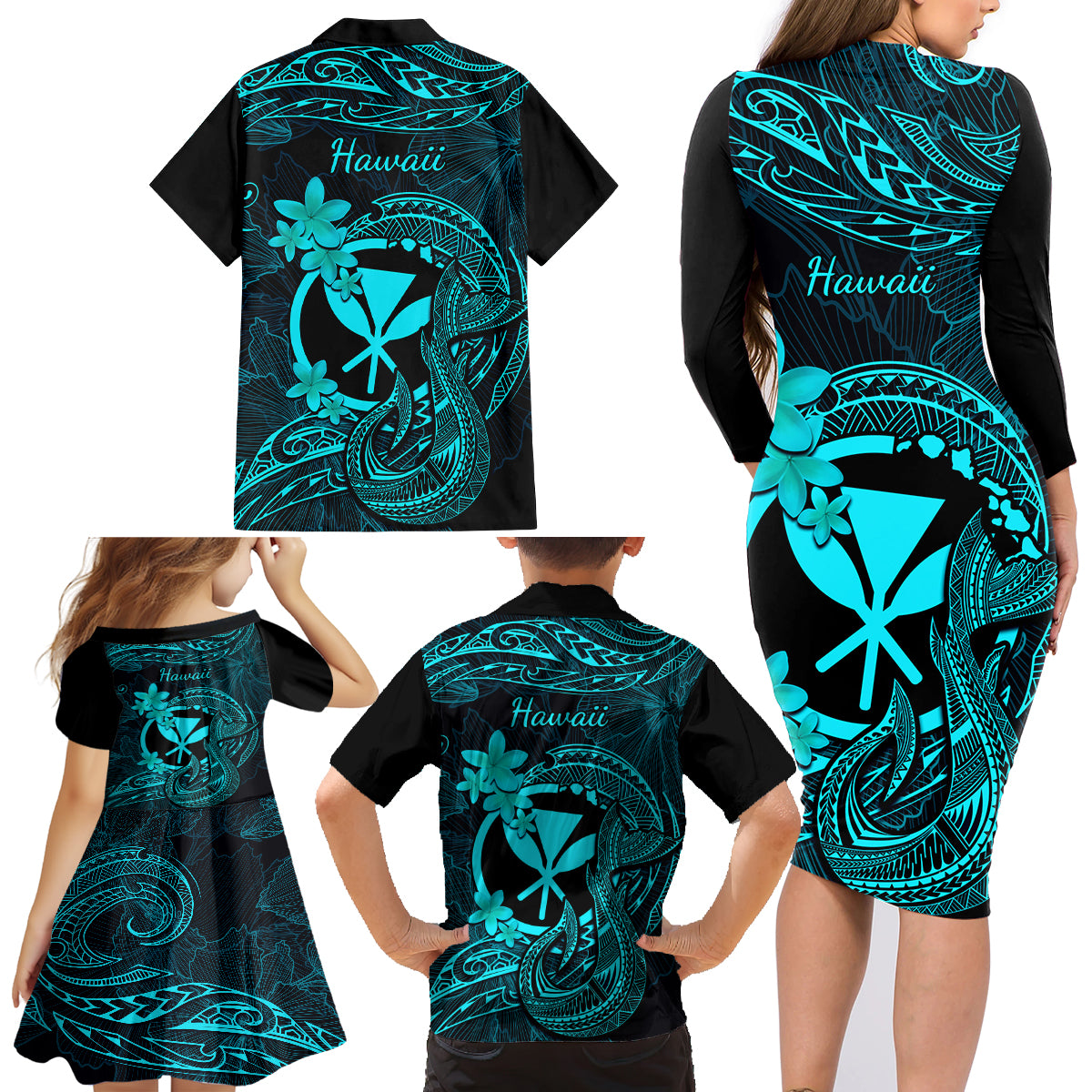 Hawaii Family Matching Long Sleeve Bodycon Dress and Hawaiian Shirt Fish Hook Tattoo Mix Polynesian Plumeria Turquoise Version - Wonder Print Shop