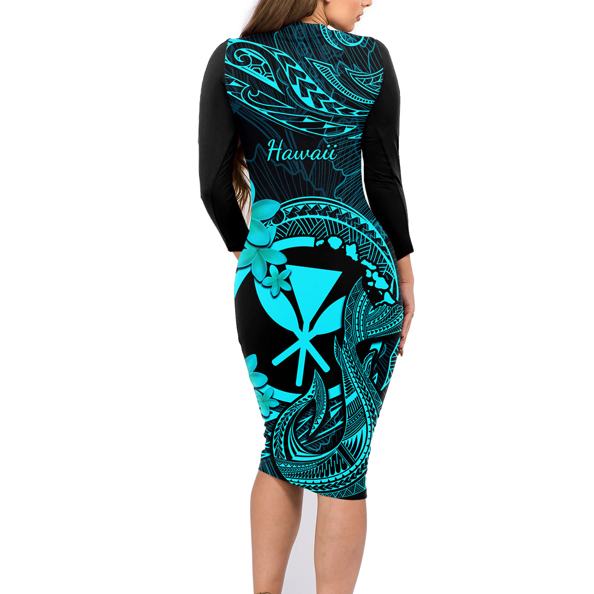 Hawaii Family Matching Long Sleeve Bodycon Dress and Hawaiian Shirt Fish Hook Tattoo Mix Polynesian Plumeria Turquoise Version - Wonder Print Shop