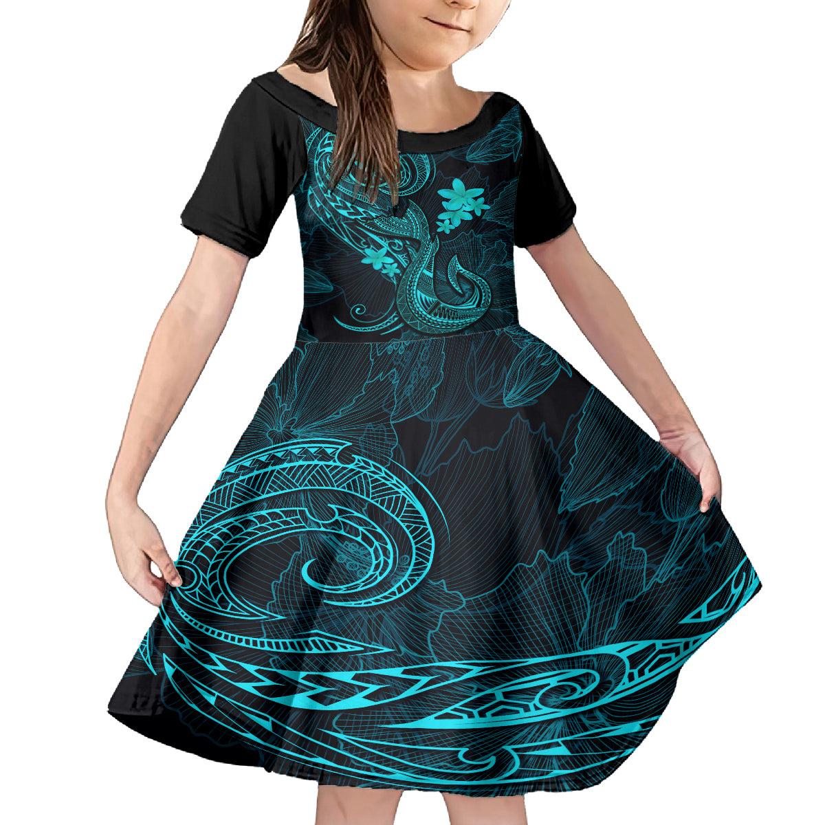 Hawaii Family Matching Mermaid Dress and Hawaiian Shirt Fish Hook Tattoo Mix Polynesian Plumeria Turquoise Version - Wonder Print Shop