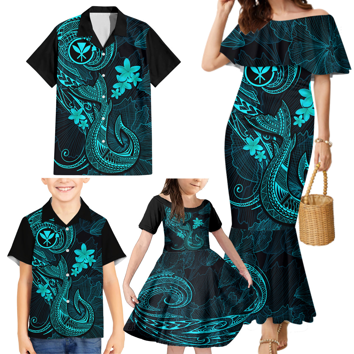 Hawaii Family Matching Mermaid Dress and Hawaiian Shirt Fish Hook Tattoo Mix Polynesian Plumeria Turquoise Version - Wonder Print Shop
