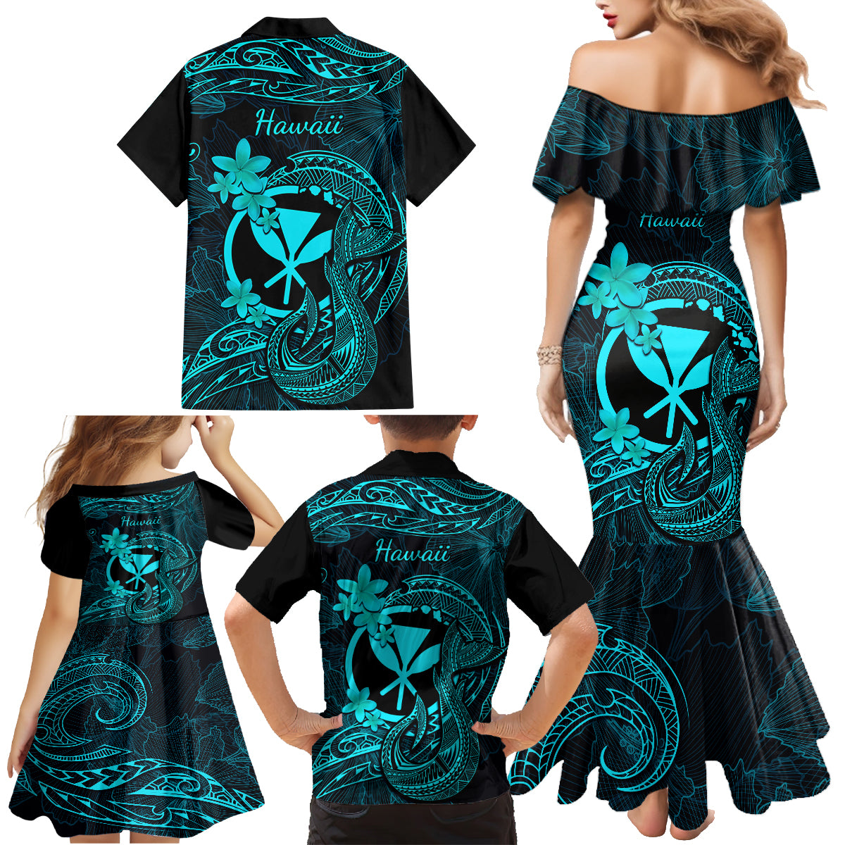 Hawaii Family Matching Mermaid Dress and Hawaiian Shirt Fish Hook Tattoo Mix Polynesian Plumeria Turquoise Version - Wonder Print Shop