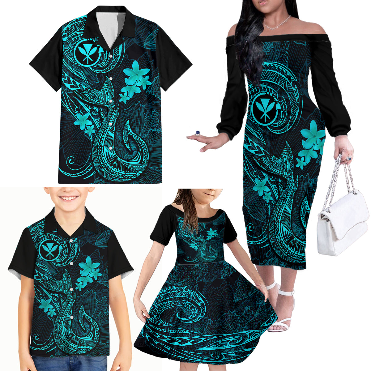 Hawaii Family Matching Off Shoulder Long Sleeve Dress and Hawaiian Shirt Fish Hook Tattoo Mix Polynesian Plumeria Turquoise Version - Wonder Print Shop