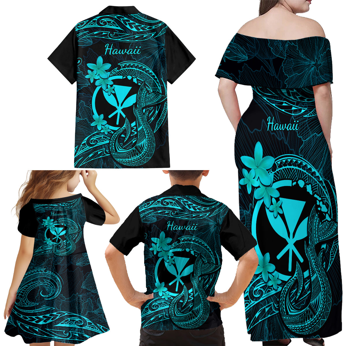 Hawaii Family Matching Off Shoulder Long Sleeve Dress and Hawaiian Shirt Fish Hook Tattoo Mix Polynesian Plumeria Turquoise Version - Wonder Print Shop