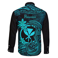 Hawaii Family Matching Off Shoulder Long Sleeve Dress and Hawaiian Shirt Fish Hook Tattoo Mix Polynesian Plumeria Turquoise Version - Wonder Print Shop