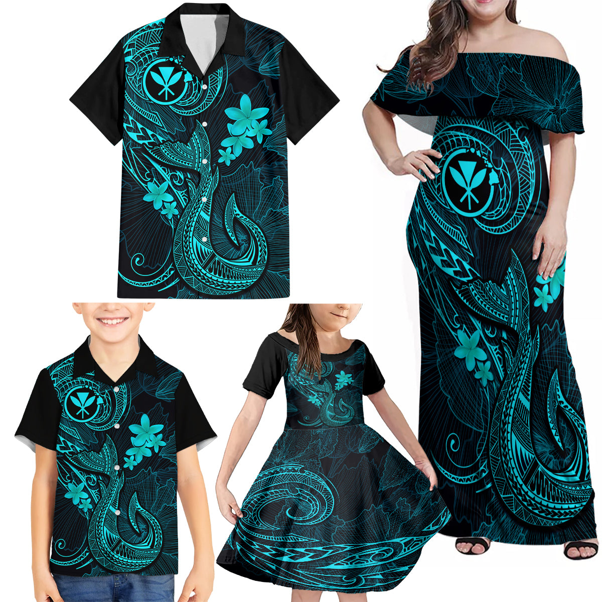 Hawaii Family Matching Off Shoulder Maxi Dress and Hawaiian Shirt Fish Hook Tattoo Mix Polynesian Plumeria Turquoise Version - Wonder Print Shop