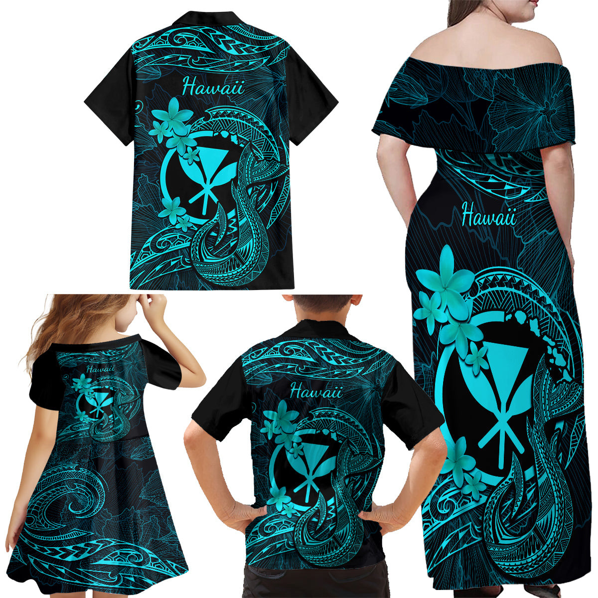 Hawaii Family Matching Off Shoulder Maxi Dress and Hawaiian Shirt Fish Hook Tattoo Mix Polynesian Plumeria Turquoise Version - Wonder Print Shop