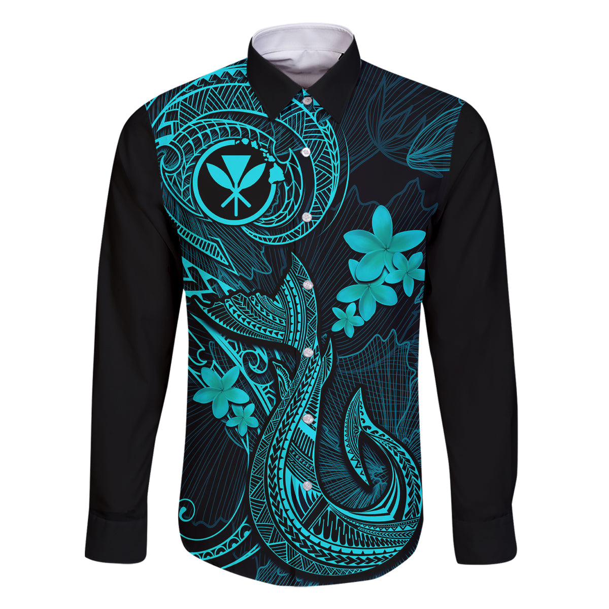 Hawaii Family Matching Off Shoulder Maxi Dress and Hawaiian Shirt Fish Hook Tattoo Mix Polynesian Plumeria Turquoise Version - Wonder Print Shop