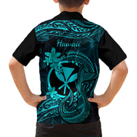 Hawaii Family Matching Off Shoulder Short Dress and Hawaiian Shirt Fish Hook Tattoo Mix Polynesian Plumeria Turquoise Version - Wonder Print Shop