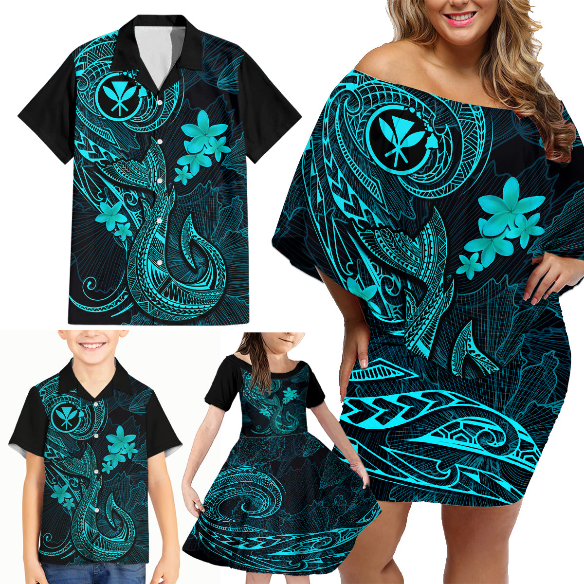Hawaii Family Matching Off Shoulder Short Dress and Hawaiian Shirt Fish Hook Tattoo Mix Polynesian Plumeria Turquoise Version - Wonder Print Shop