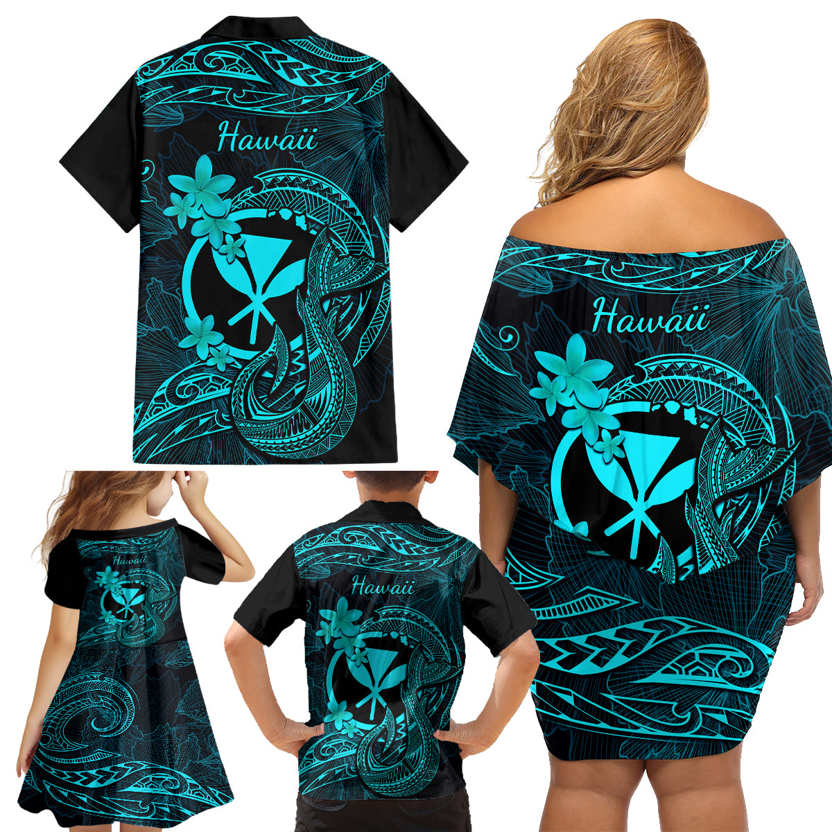 Hawaii Family Matching Off Shoulder Short Dress and Hawaiian Shirt Fish Hook Tattoo Mix Polynesian Plumeria Turquoise Version - Wonder Print Shop