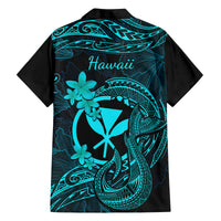 Hawaii Family Matching Off Shoulder Short Dress and Hawaiian Shirt Fish Hook Tattoo Mix Polynesian Plumeria Turquoise Version - Wonder Print Shop
