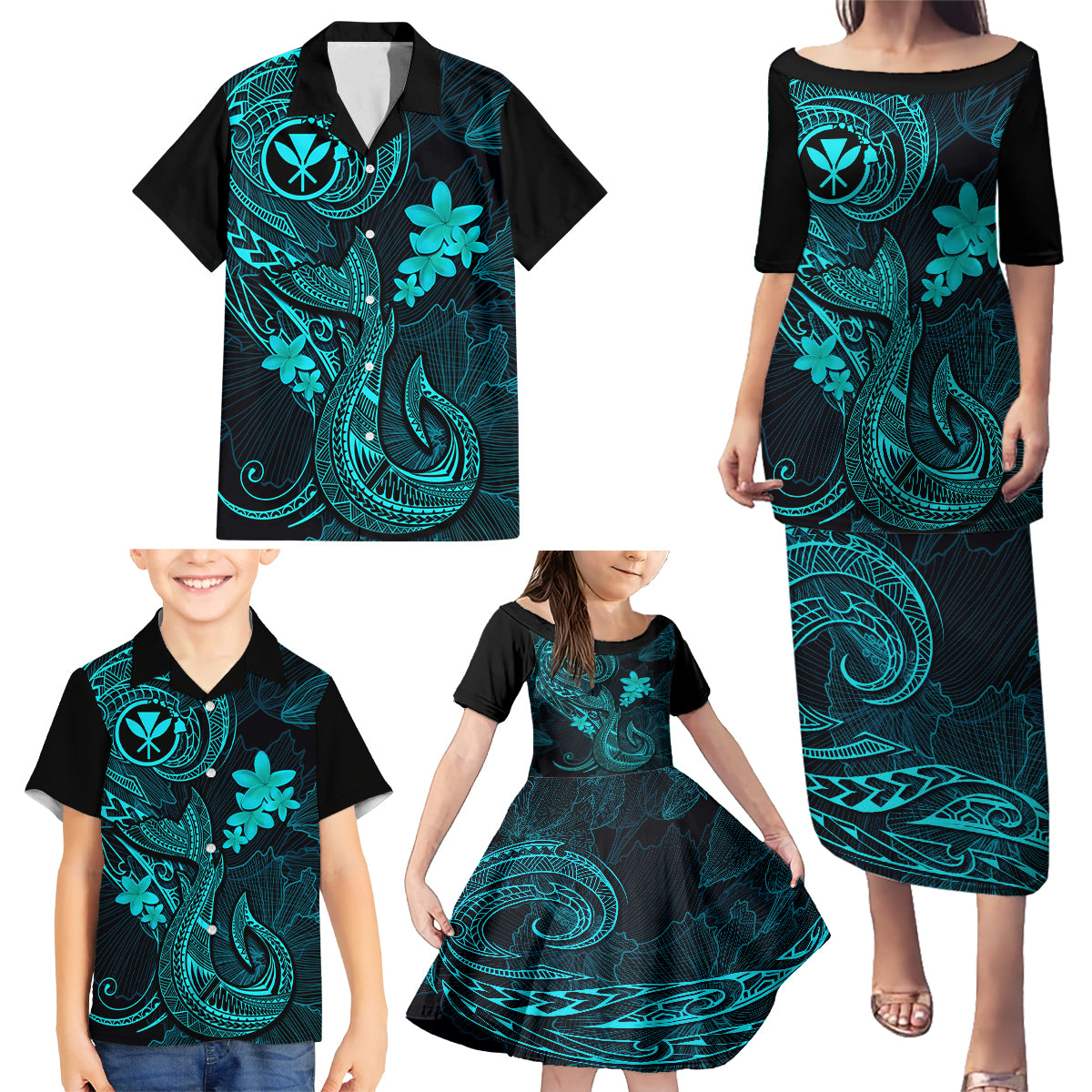 Hawaii Family Matching Puletasi Dress and Hawaiian Shirt Fish Hook Tattoo Mix Polynesian Plumeria Turquoise Version - Wonder Print Shop