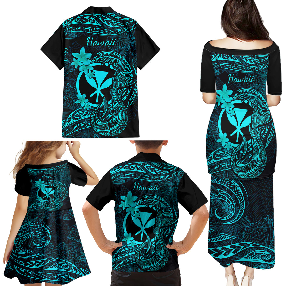 Hawaii Family Matching Puletasi Dress and Hawaiian Shirt Fish Hook Tattoo Mix Polynesian Plumeria Turquoise Version - Wonder Print Shop