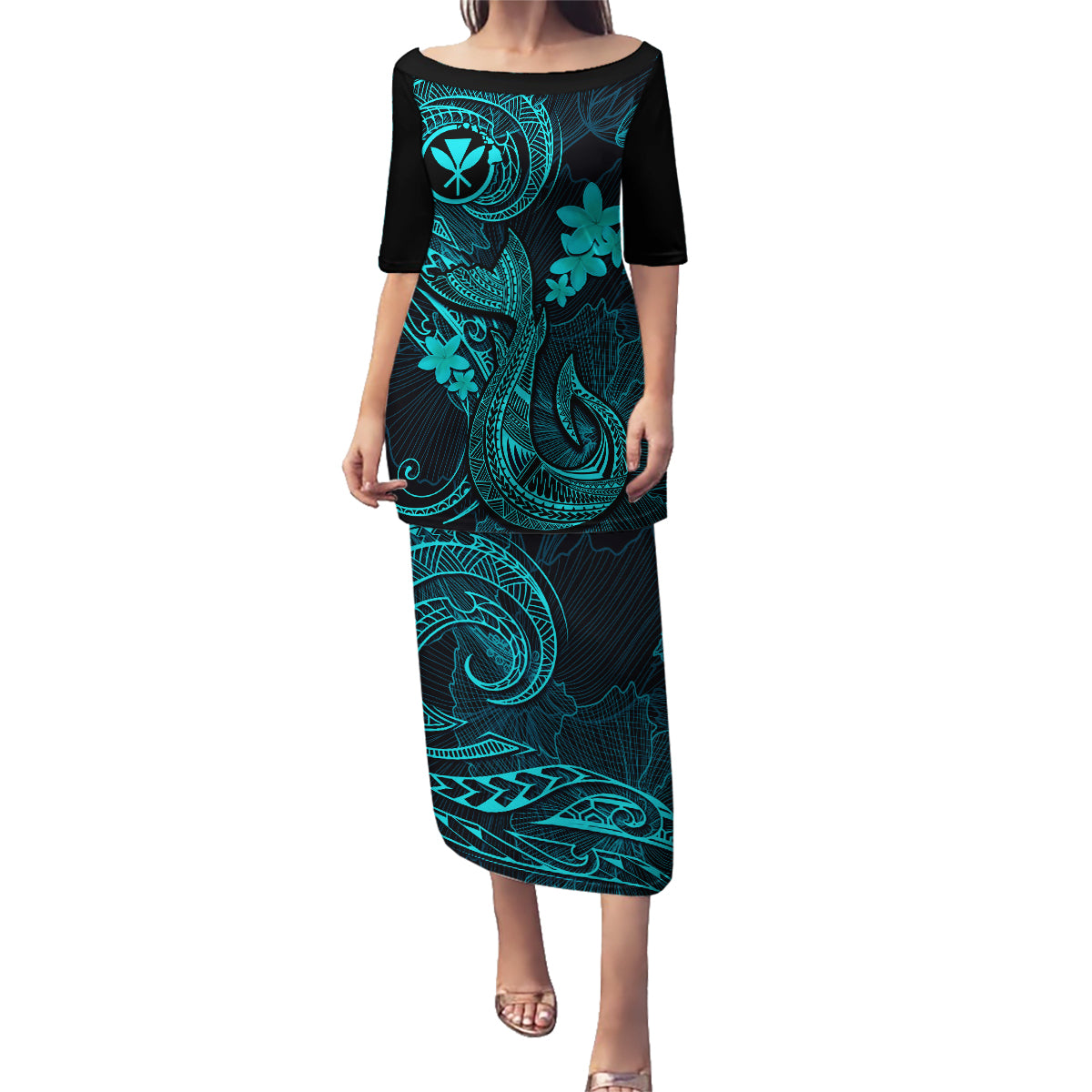 Hawaii Family Matching Puletasi Dress and Hawaiian Shirt Fish Hook Tattoo Mix Polynesian Plumeria Turquoise Version - Wonder Print Shop