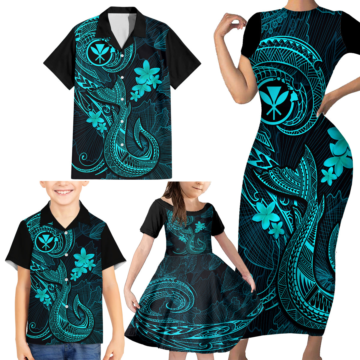 Hawaii Family Matching Short Sleeve Bodycon Dress and Hawaiian Shirt Fish Hook Tattoo Mix Polynesian Plumeria Turquoise Version - Wonder Print Shop