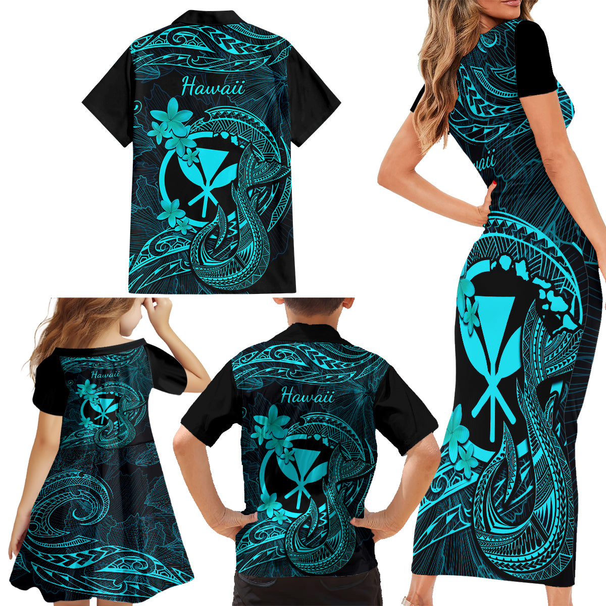 Hawaii Family Matching Short Sleeve Bodycon Dress and Hawaiian Shirt Fish Hook Tattoo Mix Polynesian Plumeria Turquoise Version - Wonder Print Shop