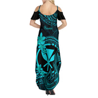 Hawaii Family Matching Summer Maxi Dress and Hawaiian Shirt Fish Hook Tattoo Mix Polynesian Plumeria Turquoise Version - Wonder Print Shop
