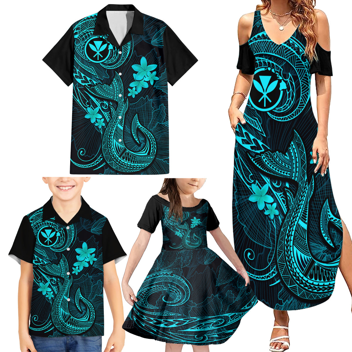 Hawaii Family Matching Summer Maxi Dress and Hawaiian Shirt Fish Hook Tattoo Mix Polynesian Plumeria Turquoise Version - Wonder Print Shop