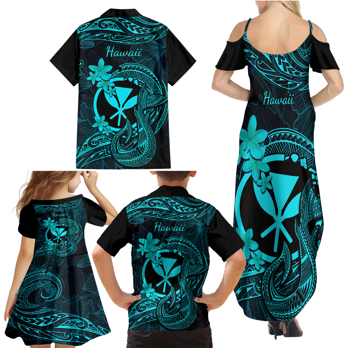 Hawaii Family Matching Summer Maxi Dress and Hawaiian Shirt Fish Hook Tattoo Mix Polynesian Plumeria Turquoise Version - Wonder Print Shop