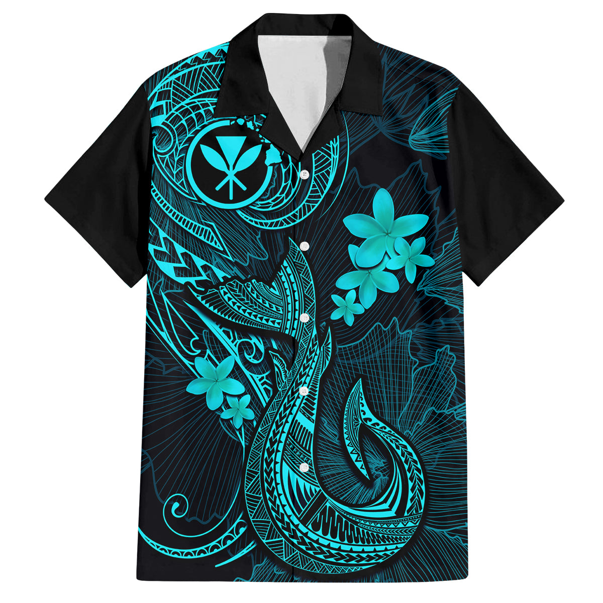 Hawaii Family Matching Summer Maxi Dress and Hawaiian Shirt Fish Hook Tattoo Mix Polynesian Plumeria Turquoise Version - Wonder Print Shop