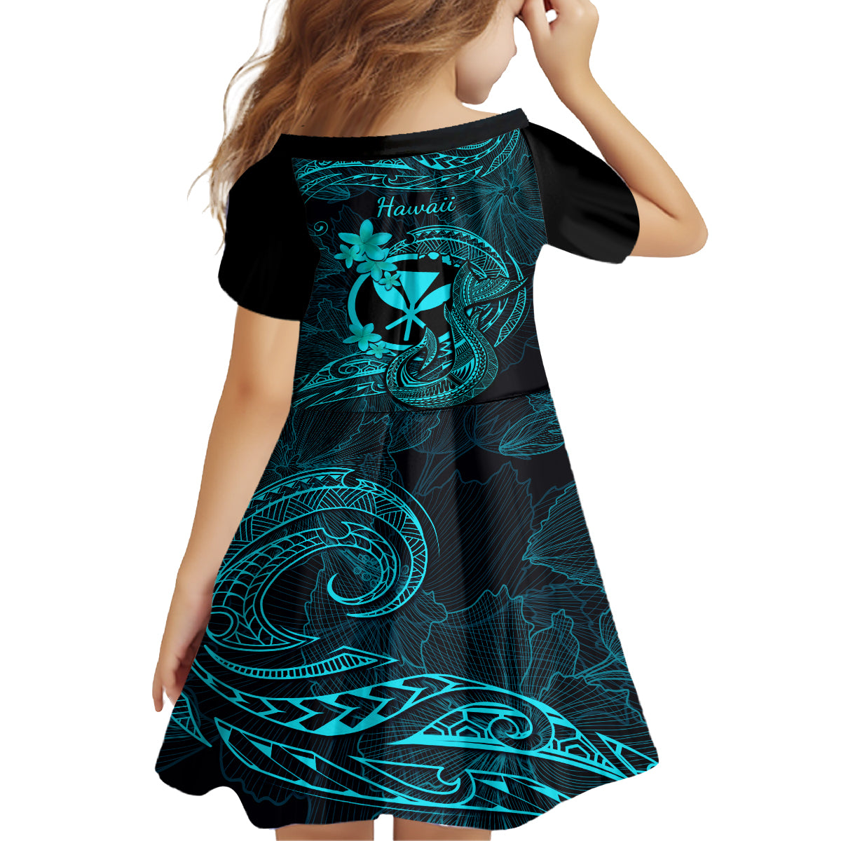 Hawaii Family Matching Tank Maxi Dress and Hawaiian Shirt Fish Hook Tattoo Mix Polynesian Plumeria Turquoise Version - Wonder Print Shop