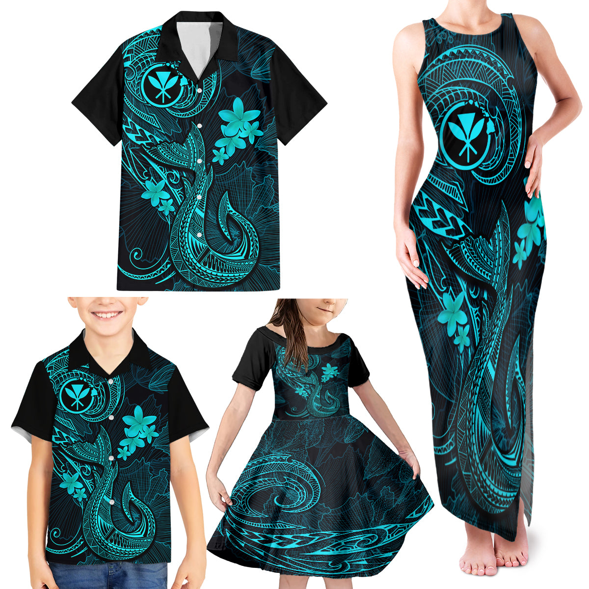 Hawaii Family Matching Tank Maxi Dress and Hawaiian Shirt Fish Hook Tattoo Mix Polynesian Plumeria Turquoise Version - Wonder Print Shop