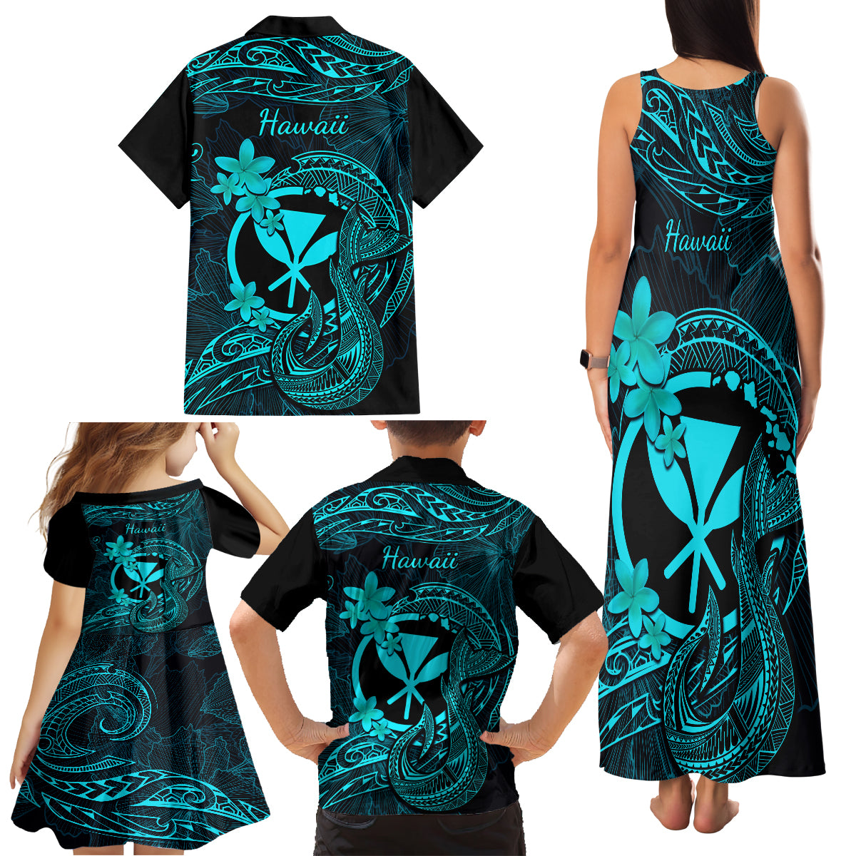 Hawaii Family Matching Tank Maxi Dress and Hawaiian Shirt Fish Hook Tattoo Mix Polynesian Plumeria Turquoise Version - Wonder Print Shop