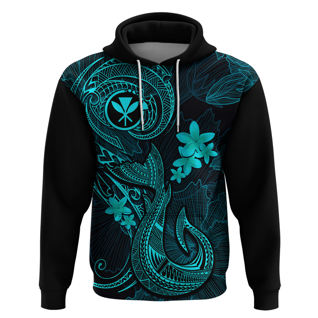Hawaii Hoodie Fish Hook Tattoo Mix Polynesian Plumeria Turquoise Version - Wonder Print Shop