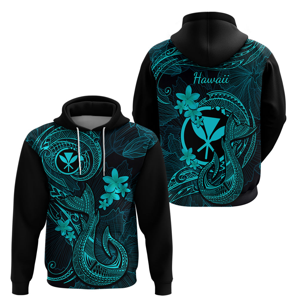 Hawaii Hoodie Fish Hook Tattoo Mix Polynesian Plumeria Turquoise Version - Wonder Print Shop