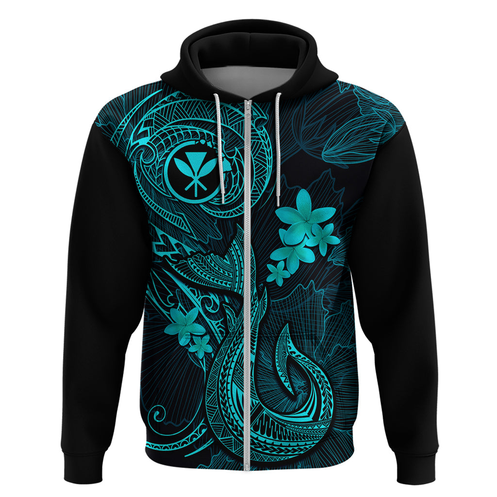 Hawaii Hoodie Fish Hook Tattoo Mix Polynesian Plumeria Turquoise Version - Wonder Print Shop