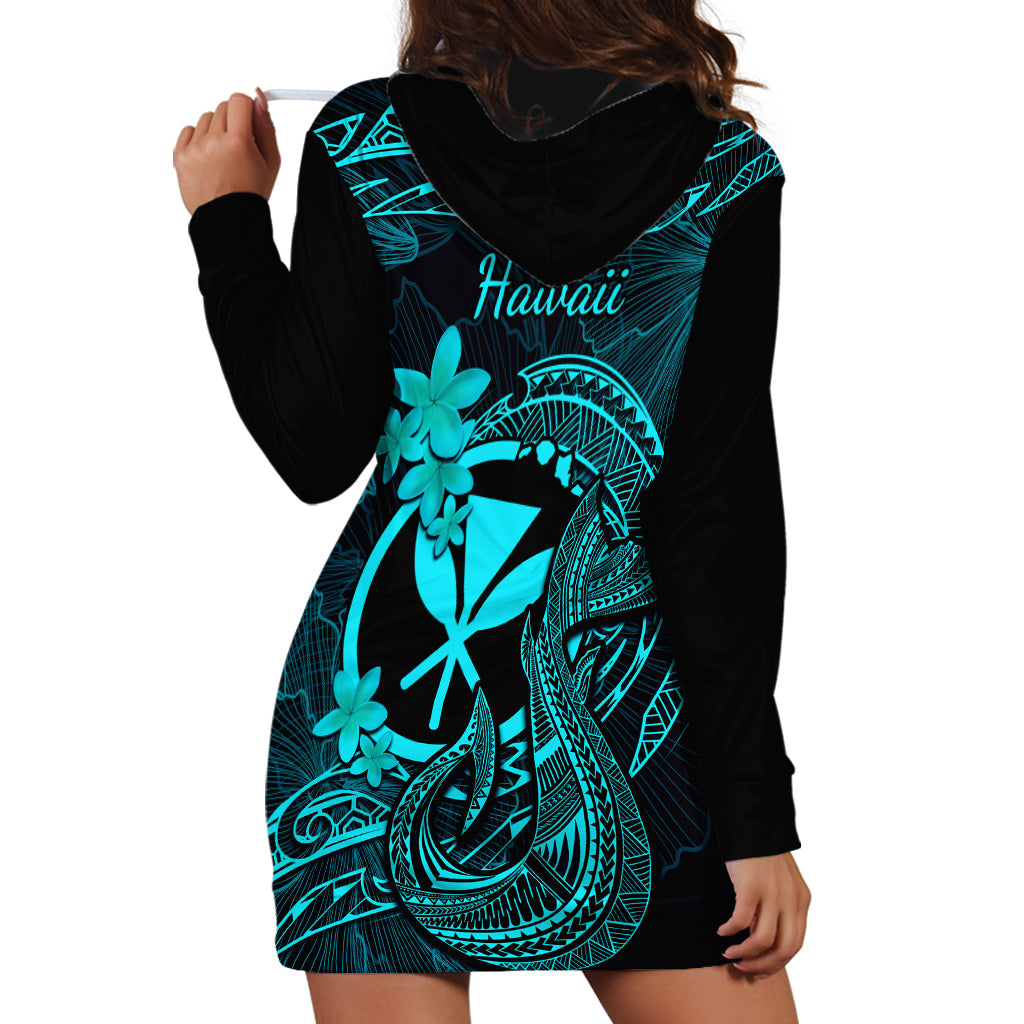 Hawaii Hoodie Dress Fish Hook Tattoo Mix Polynesian Plumeria Turquoise Version - Wonder Print Shop