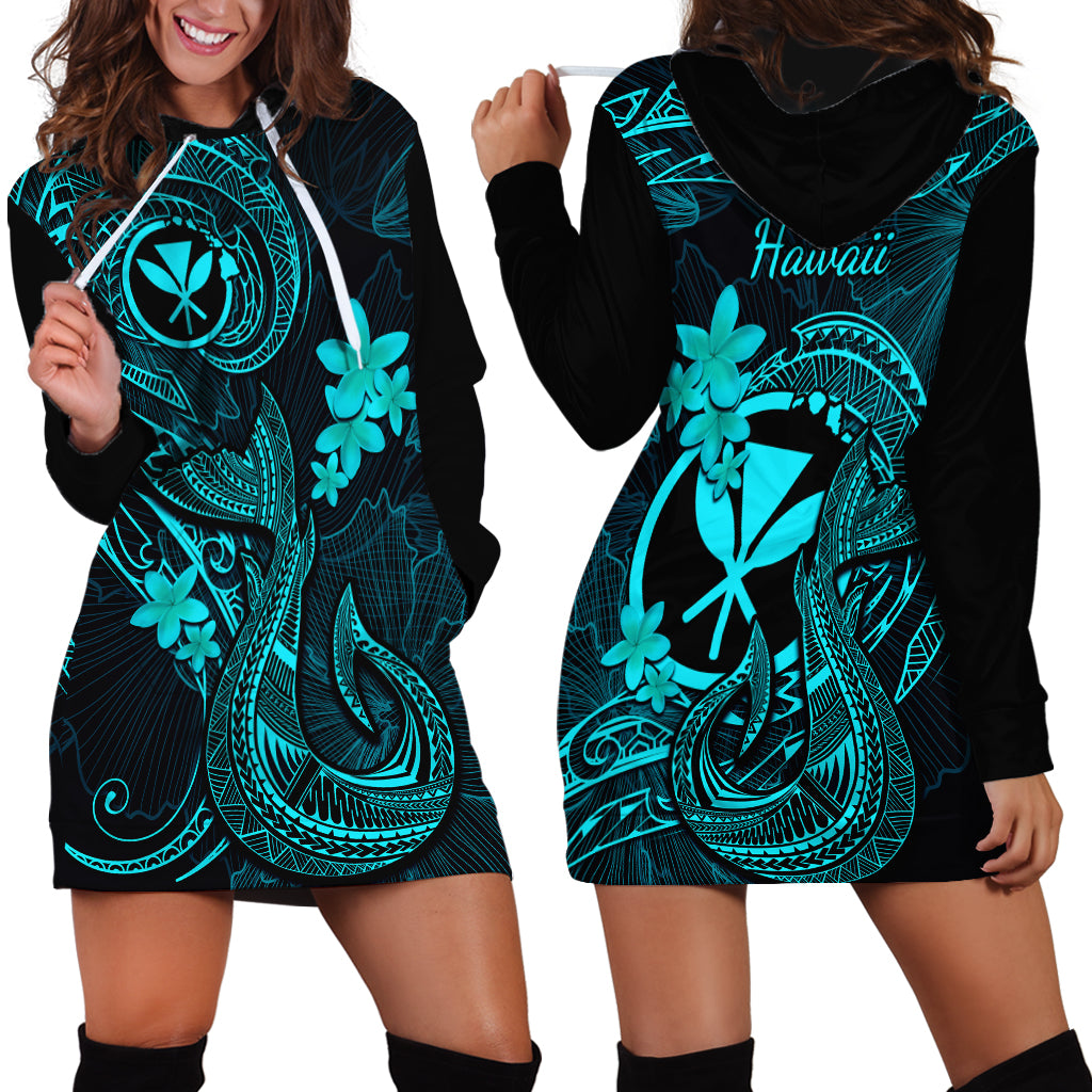 Hawaii Hoodie Dress Fish Hook Tattoo Mix Polynesian Plumeria Turquoise Version - Wonder Print Shop