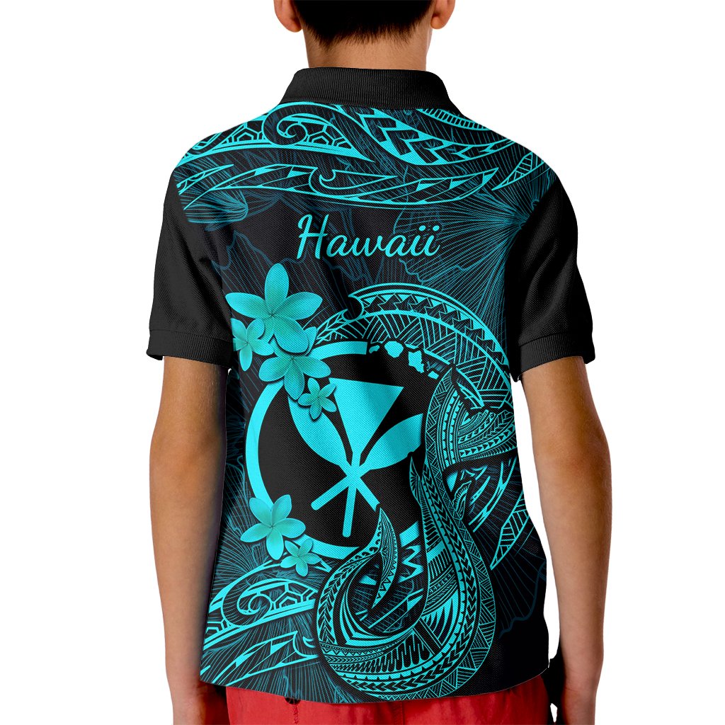 Hawaii Kid Polo Shirt Fish Hook Tattoo Mix Polynesian Plumeria Turquoise Version - Wonder Print Shop