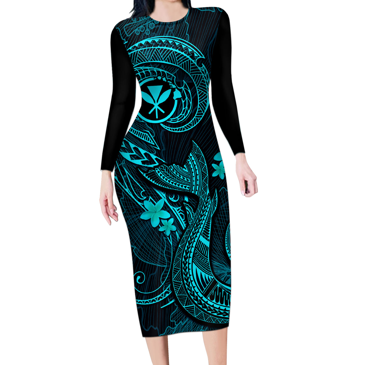 Hawaii Long Sleeve Bodycon Dress Fish Hook Tattoo Mix Polynesian Plumeria Turquoise Version - Wonder Print Shop