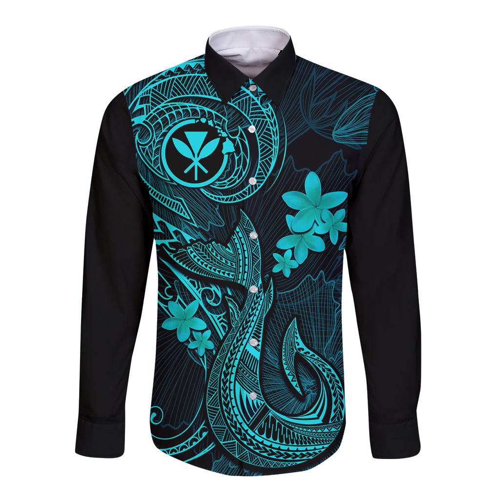 Hawaii Long Sleeve Button Shirt Fish Hook Tattoo Mix Polynesian Plumeria Turquoise Version - Wonder Print Shop
