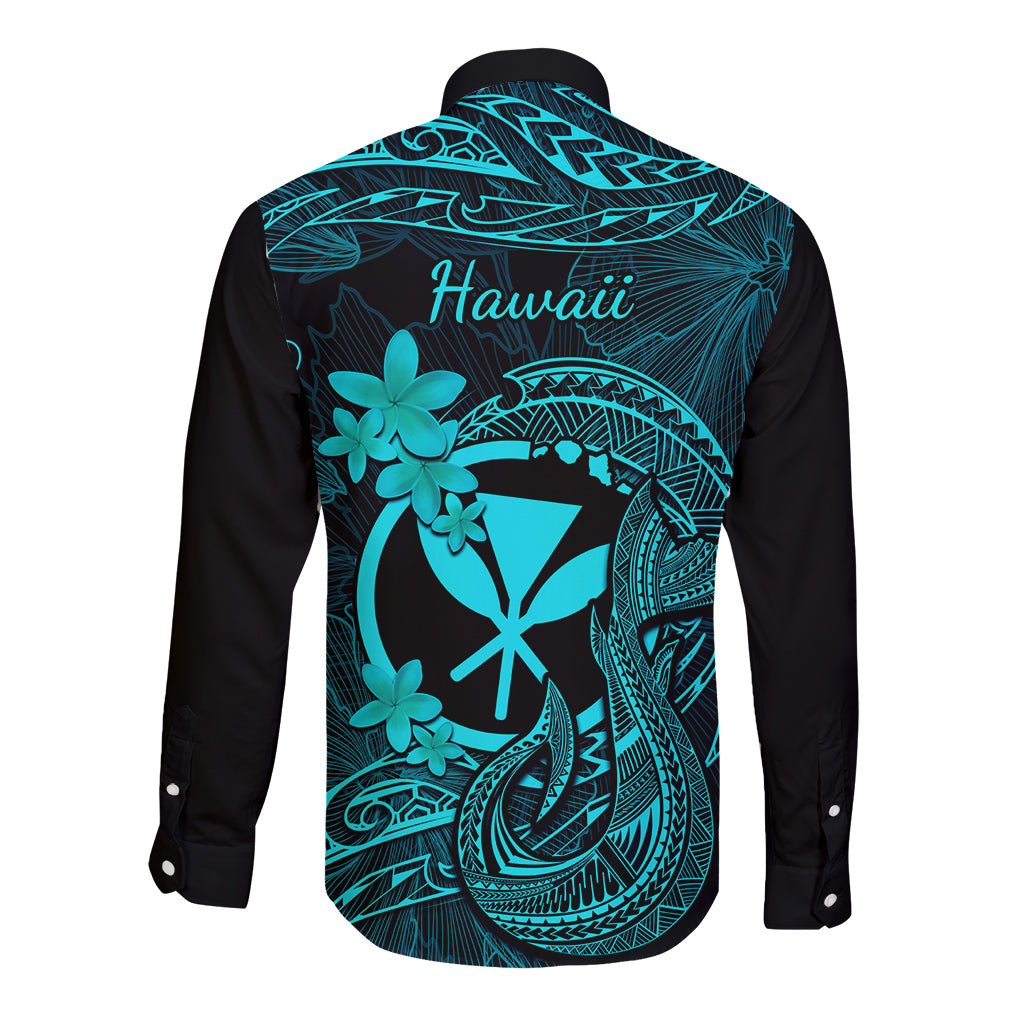 Hawaii Long Sleeve Button Shirt Fish Hook Tattoo Mix Polynesian Plumeria Turquoise Version - Wonder Print Shop