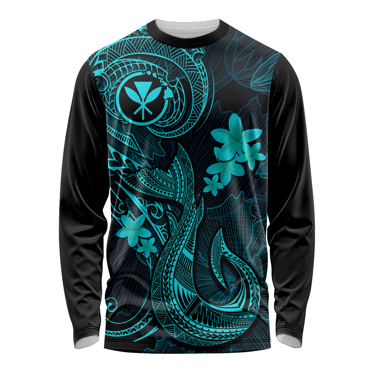Hawaii Long Sleeve Shirt Fish Hook Tattoo Mix Polynesian Plumeria Turquoise Version - Wonder Print Shop