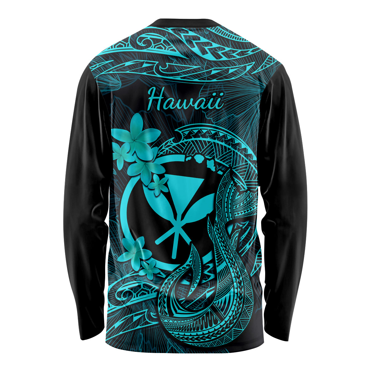 Hawaii Long Sleeve Shirt Fish Hook Tattoo Mix Polynesian Plumeria Turquoise Version - Wonder Print Shop
