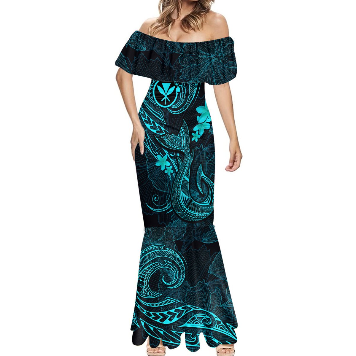 Hawaii Mermaid Dress Fish Hook Tattoo Mix Polynesian Plumeria Turquoise Version - Wonder Print Shop