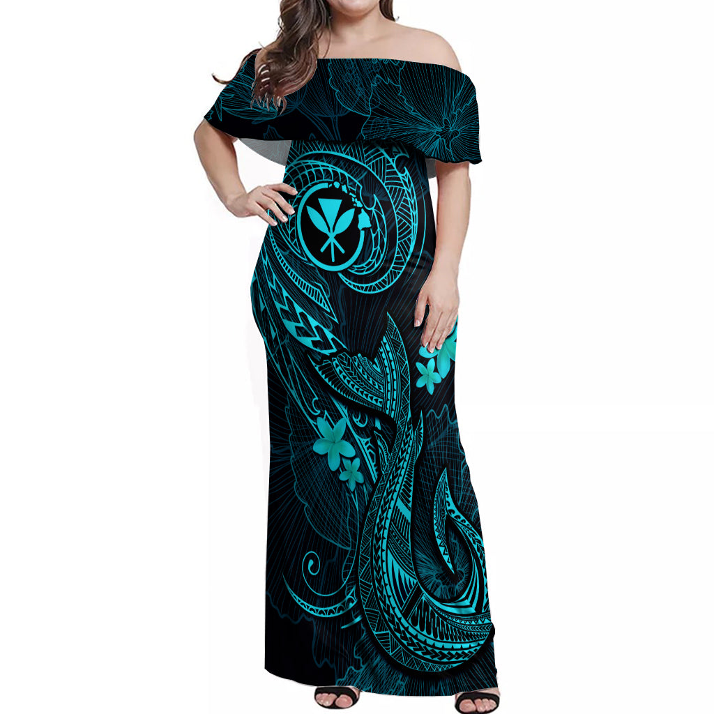 Hawaii Off Shoulder Maxi Dress Fish Hook Tattoo Mix Polynesian Plumeria Turquoise Version - Wonder Print Shop