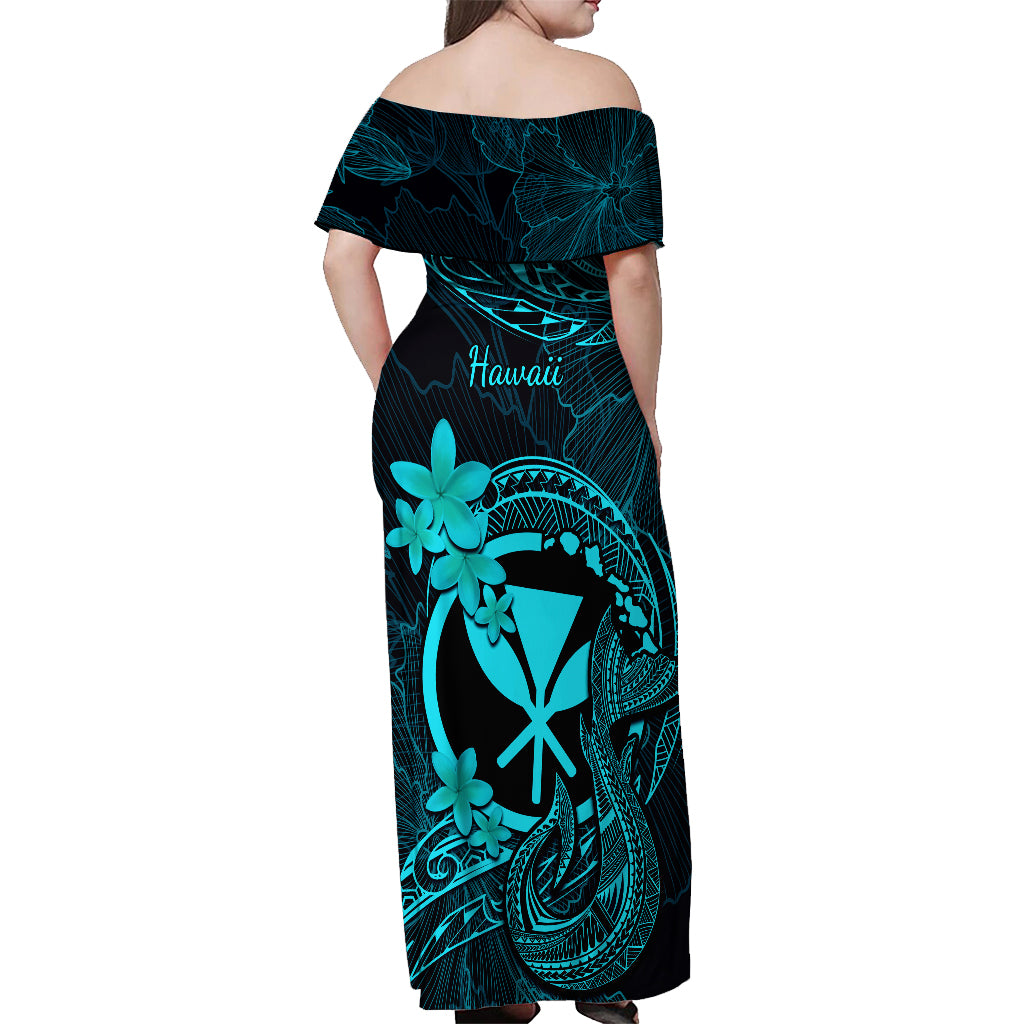 Hawaii Off Shoulder Maxi Dress Fish Hook Tattoo Mix Polynesian Plumeria Turquoise Version - Wonder Print Shop