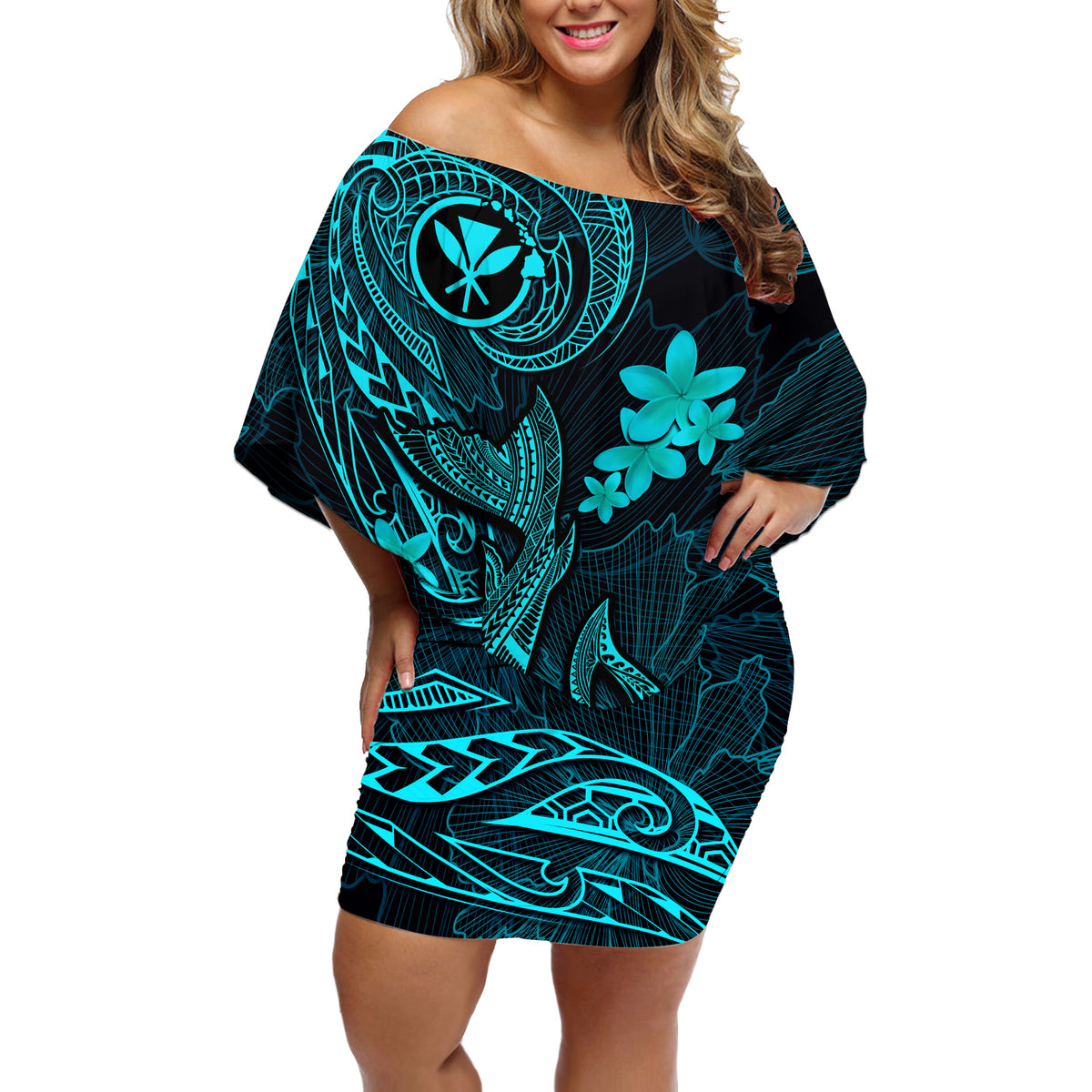 Hawaii Off Shoulder Short Dress Fish Hook Tattoo Mix Polynesian Plumeria Turquoise Version - Wonder Print Shop
