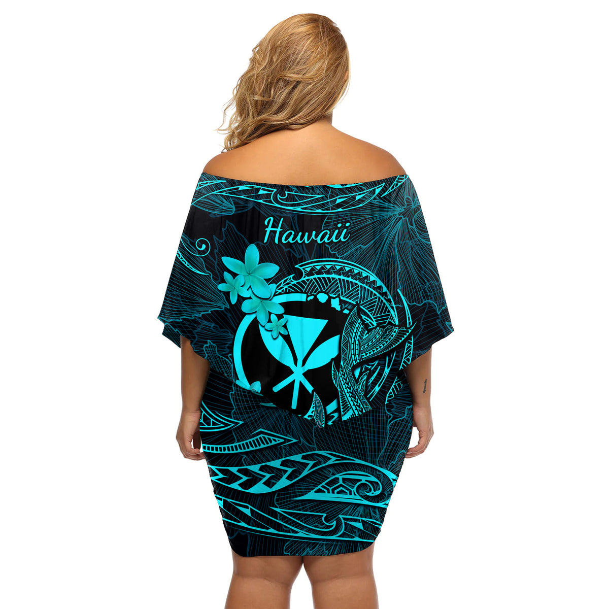 Hawaii Off Shoulder Short Dress Fish Hook Tattoo Mix Polynesian Plumeria Turquoise Version - Wonder Print Shop