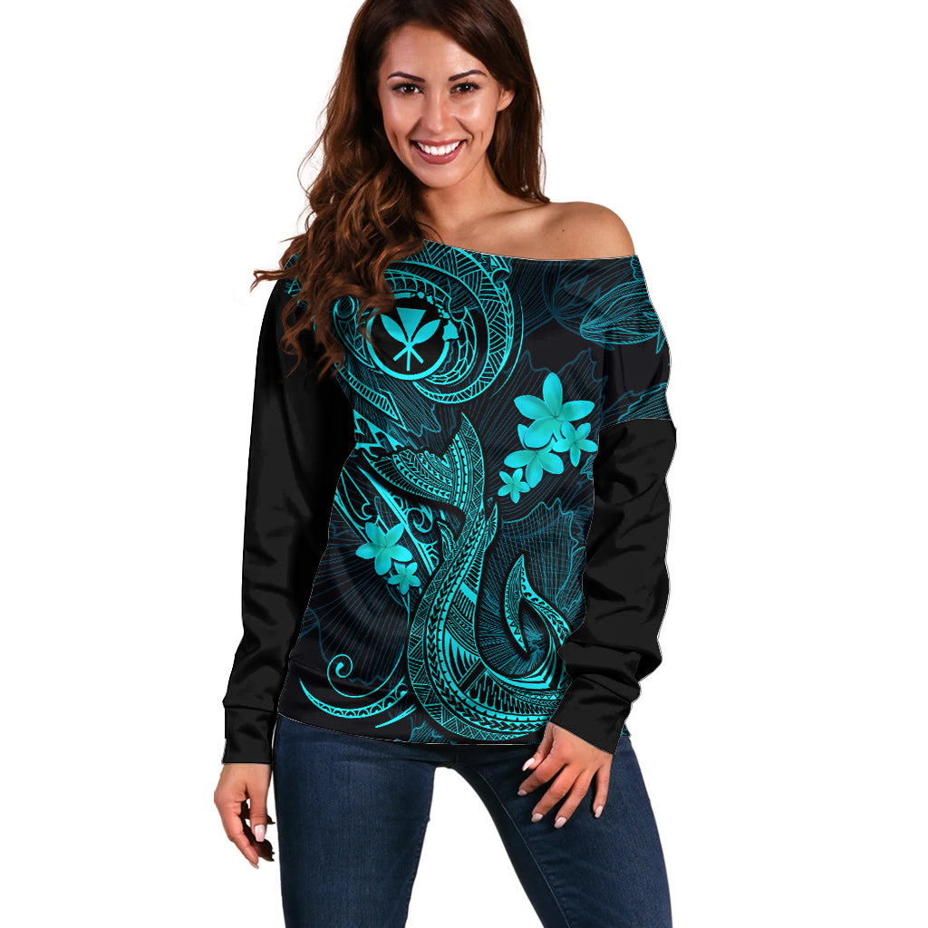 Hawaii Off Shoulder Sweater Fish Hook Tattoo Mix Polynesian Plumeria Turquoise Version - Wonder Print Shop